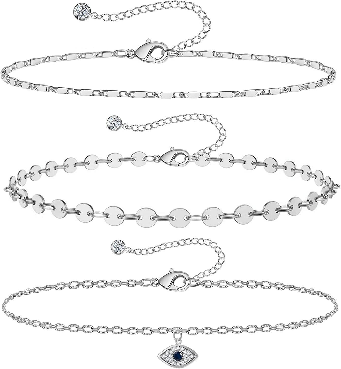 Gold Ankle Bracelets for Women 14K Gold Plated Anklet Silver Rose Gold Evil Eye Tennis Crystal Cubic Zirconia Faux Diamond Rhinestone Anklet Dainty Layered Anklet Set 3Pcs Apparel & Accessories > Jewelry > Anklets Vermeyen W-White Gold Evil Eye