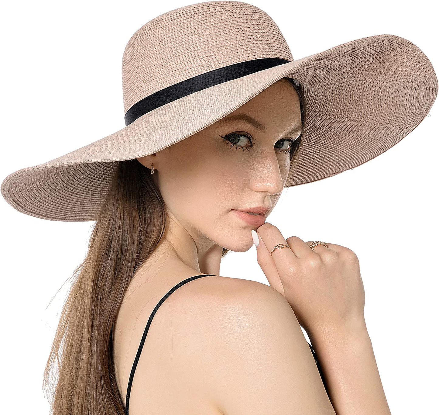 Muryobao Womens Wide Brim Straw Sun Hat Floppy Foldable Roll up Cap UPF 50+ Summer Beach Hats Apparel & Accessories > Clothing Accessories > Hats Muryobao Z-extra Large Brim Pink