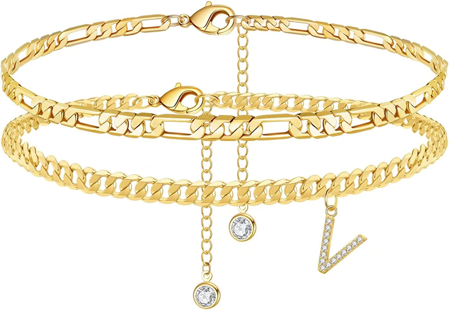 Initial Ankle Bracelets for Women, 14K Gold Plated Layered Initial Cubic Zirconia Ankle Bracelets Dainty Beach Letter Initial Anklet A-Z Gold Anklets for Women Teen Girls Foot Jewelry Gifts Apparel & Accessories > Jewelry > Anklets IEFSHINY V