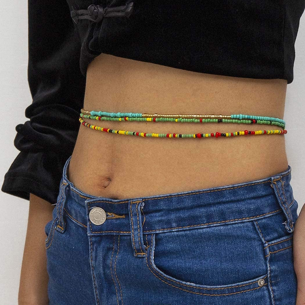 ELABEST plus Size African Waist Beads Chain Layered Belly Body Chain Beach 7Pack Waist Jewelry Body Accessories for Women and Girls Apparel & Accessories > Jewelry > Body Jewelry ELABEST