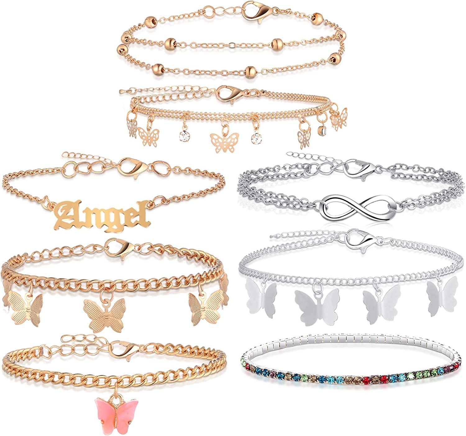 Hicarer 8 Pieces Anklets for Women Cute Charms Butterfly Ankle Bracelets Colorful Rhinestone Anklets Boho Beach Layered Chain Anklets for Girls Foot Jewelry Apparel & Accessories > Jewelry > Anklets Hicarer