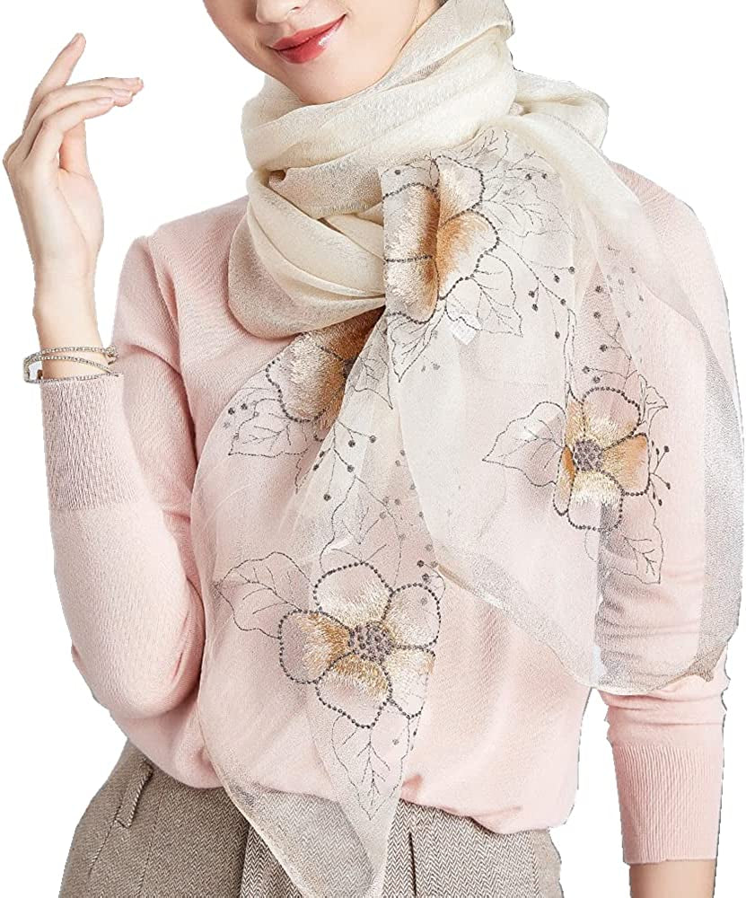 WINCESS YU Women Mulberry Silk Scarf Long & Large Embroidered Floral Pattern Shawl and Wraps Neckerchief for Hair & Neck Apparel & Accessories > Clothing Accessories > Scarves & Shawls WINCESS.YU Sunflower White