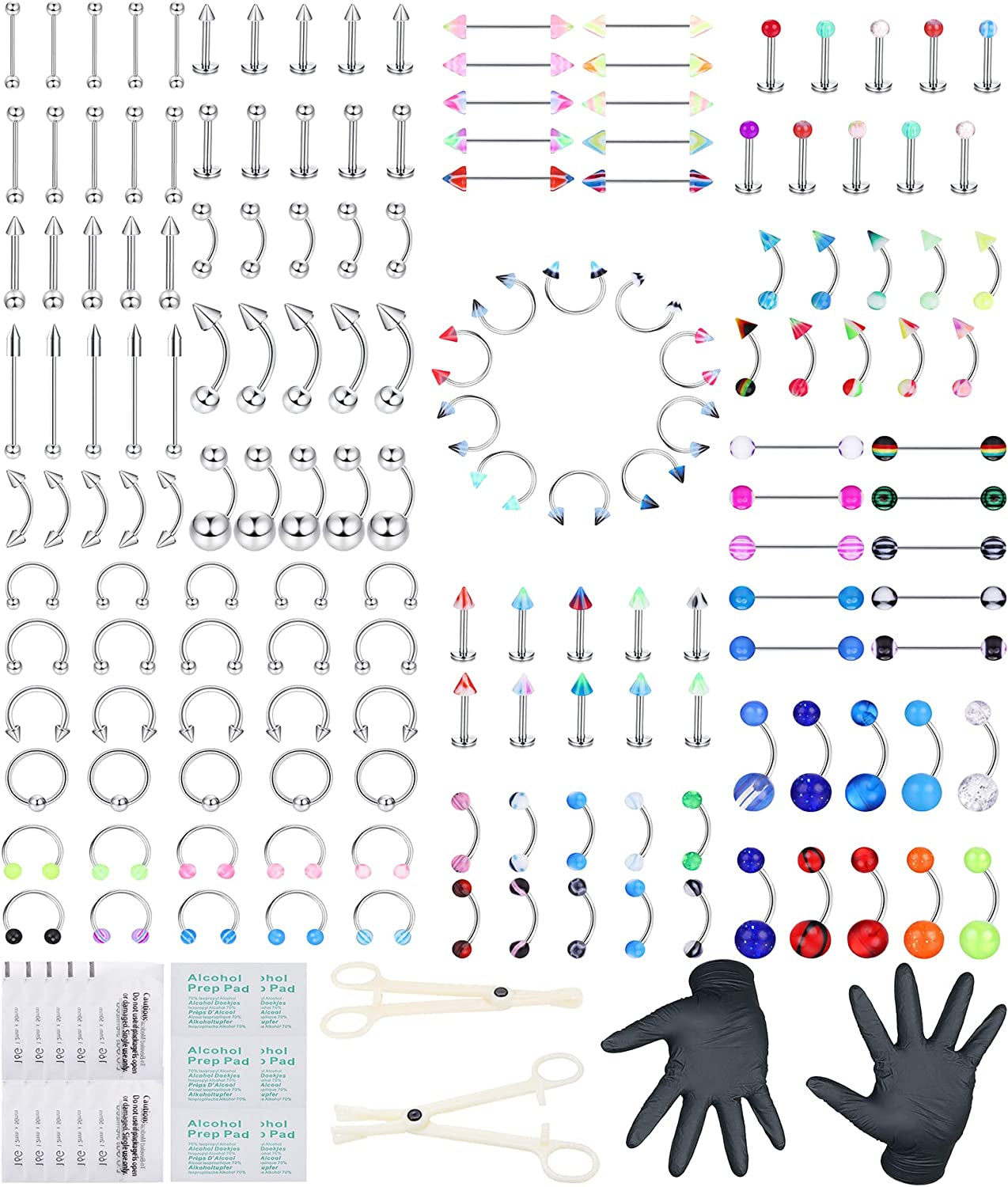 Ubjuliwa 148Pcs - 185Pcs Body Piercing Jewelry for All Piercings, Tongue Nipple Rings Eyebrow Lip Belly Button Barbell Nose Piercing Tragus Navel Body Jewelry for Women Piercings 14G-18G Apparel & Accessories > Jewelry > Body Jewelry Ubjuliwa style5