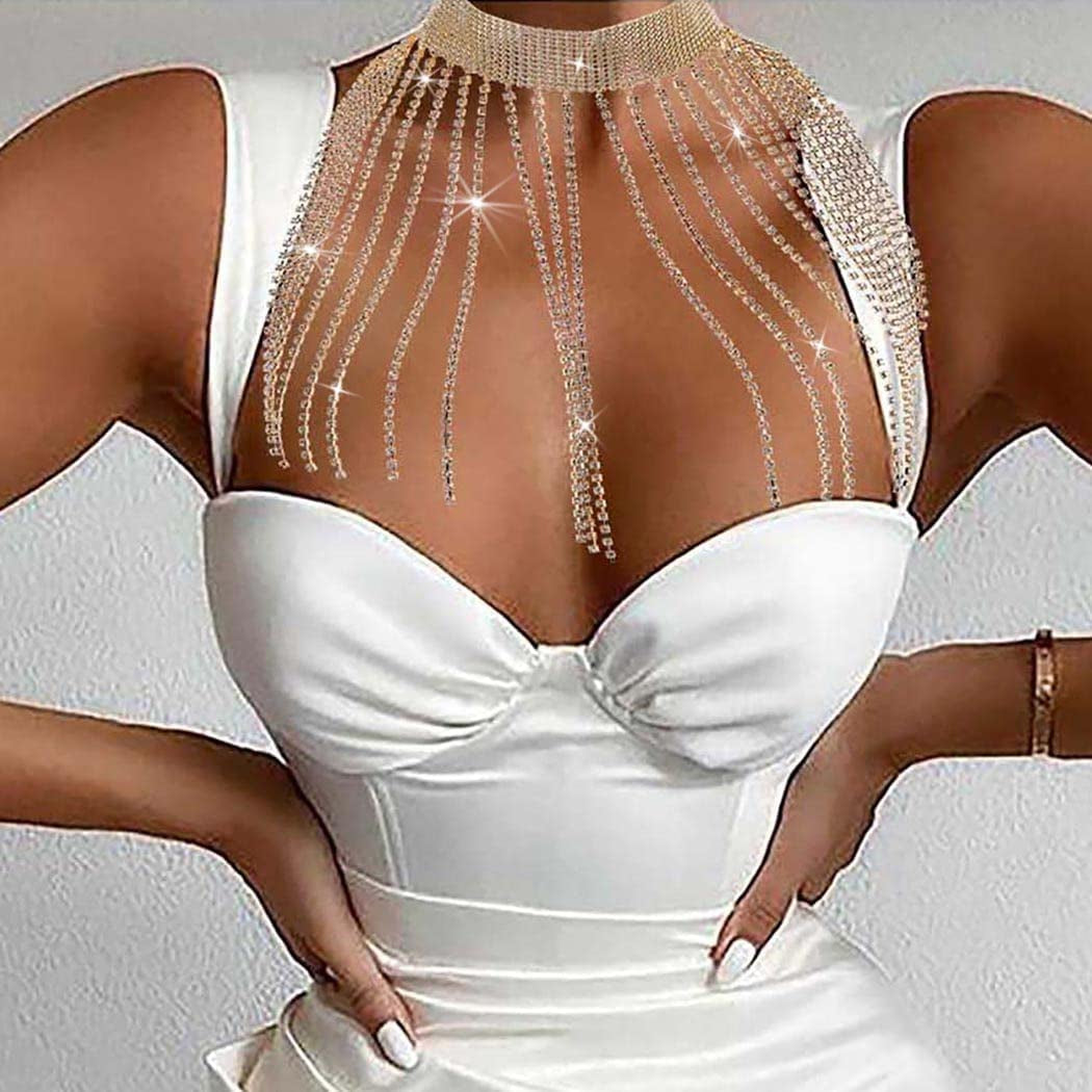 Rhinestone Tassel Choker Sexy Gold Wide Necklace Chain Shiny Evening Nightclub Adjustable Body Accessories Jewelry for Women Apparel & Accessories > Jewelry > Body Jewelry KYLIE MAX