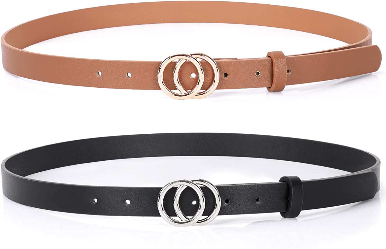 Double Ring Leather Belts for Women SANSTHS O-Style Gold Buckle Skinny Dress Belt 0.86 Inch Width for Jeans Pants Apparel & Accessories > Clothing Accessories > Belts SANSTHS F-silver Buckle Black + Gold Bukle Brown Fit Pants Size 46-50Inch