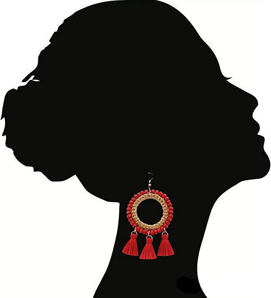 Bohemian Rattan Wooden Beads Fish Hook Circle/Teardrop Earrings Dangle Drop Jewelry for Women Girls Apparel & Accessories > Jewelry > Earrings VEETOO