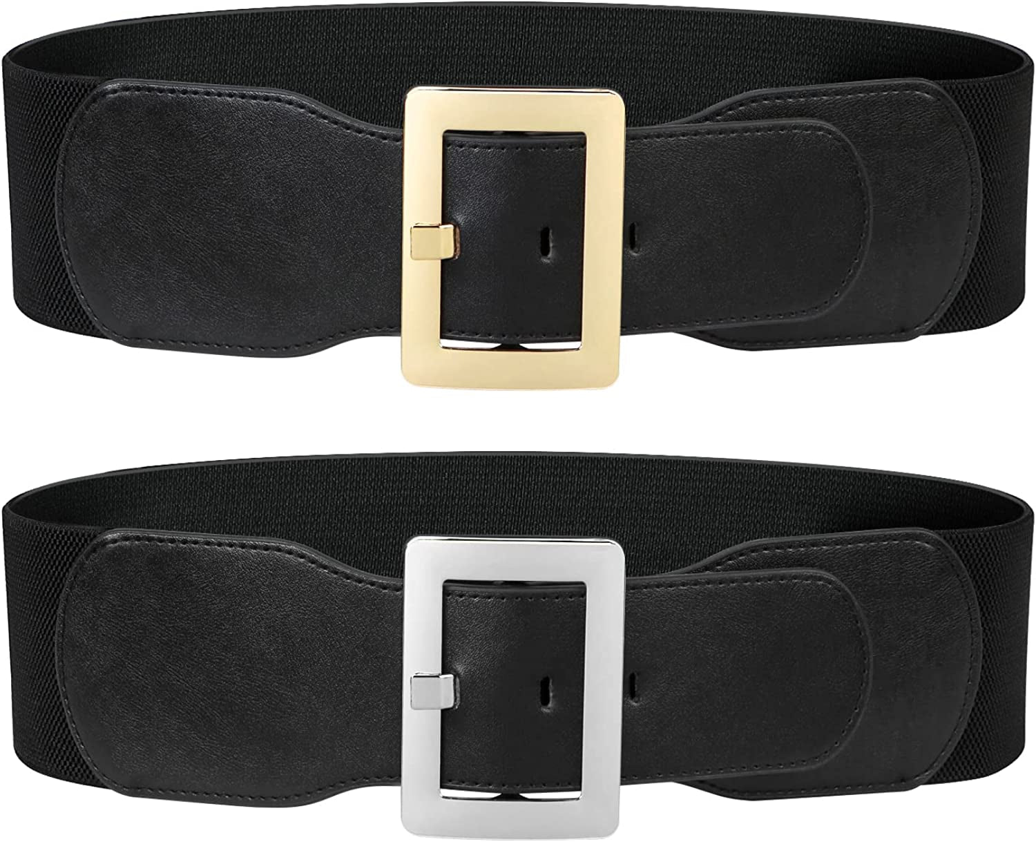 Women Wide Cinch Waist Belt Ladies Fashion Belt for Dresses with Metal Buckle Apparel & Accessories > Clothing Accessories > Belts SUOSDEY 03-black-silver+golden Buckle Fit Waist 32"-37"