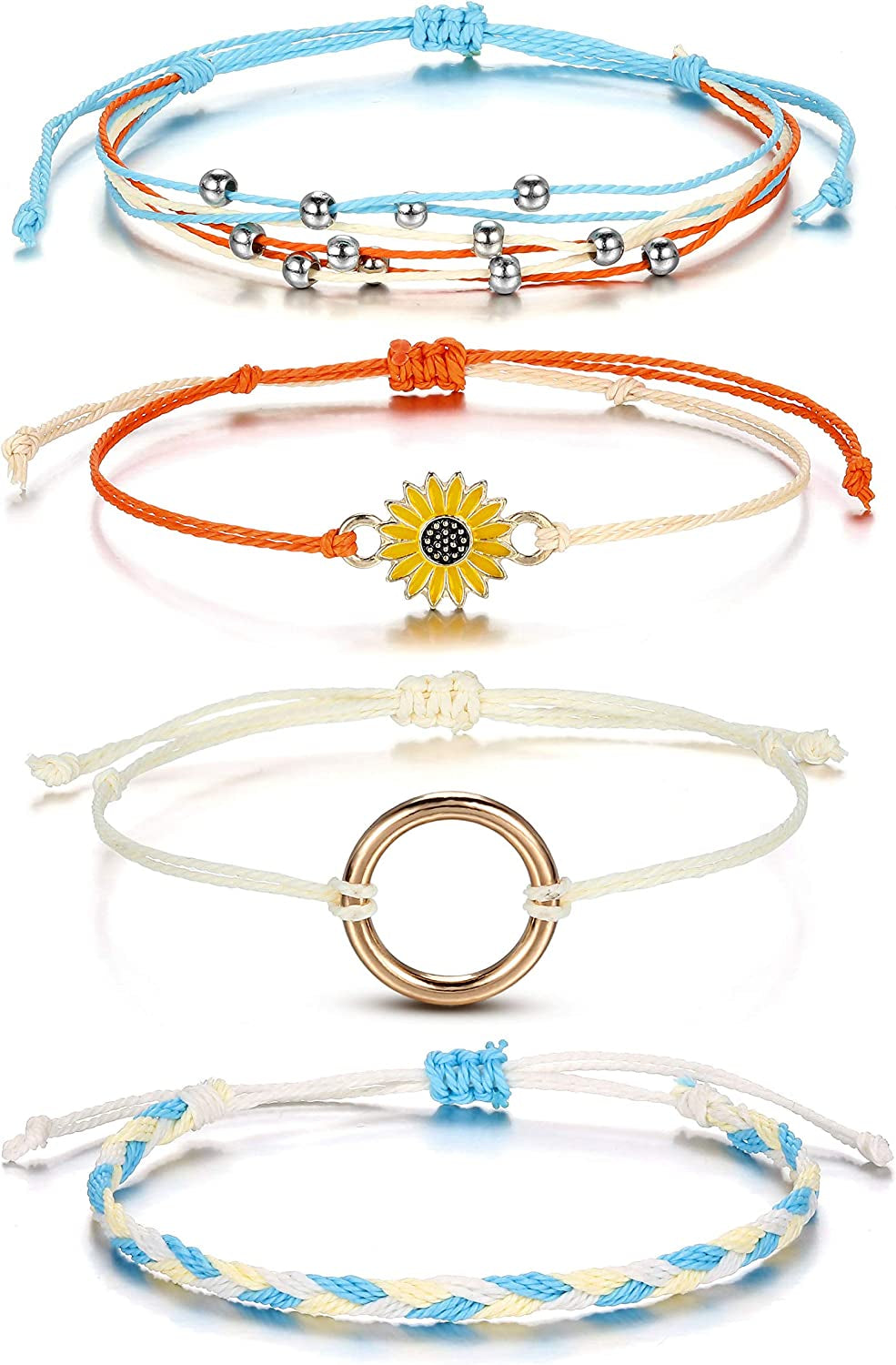 Top Plaza 4 Pcs Summer Surfer Wave Anklet Bracelets for Women Adjustable Strand Braided String Rope Bracelets Sunflower Friendship Bracelets Ocean Beach Jewelry for Women Teen Girls Apparel & Accessories > Jewelry > Anklets Top Plaza Orange Blue -4 Pcs