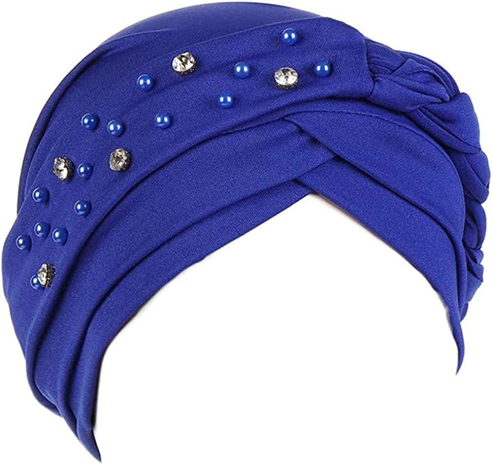 Women Girls Turban Hat, Rhinestone Pearl Braid Turban Head Wrap Baggy Slouchy Beanie Chemo Cap Headwear Hair Wrap Apparel & Accessories > Clothing Accessories > Headwear canjoyn Royal Blue