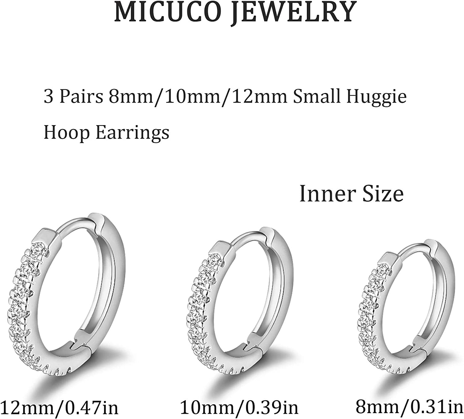 Micuco 3 Pairs Small Hoop Earrings Tiny Cartilage Earrings Cubic Zirconia Cuff Earrings White Gold Huggie Hoop Ear Piercing Earrings for Women 8Mm 10Mm 12Mm Apparel & Accessories > Jewelry > Earrings micuco