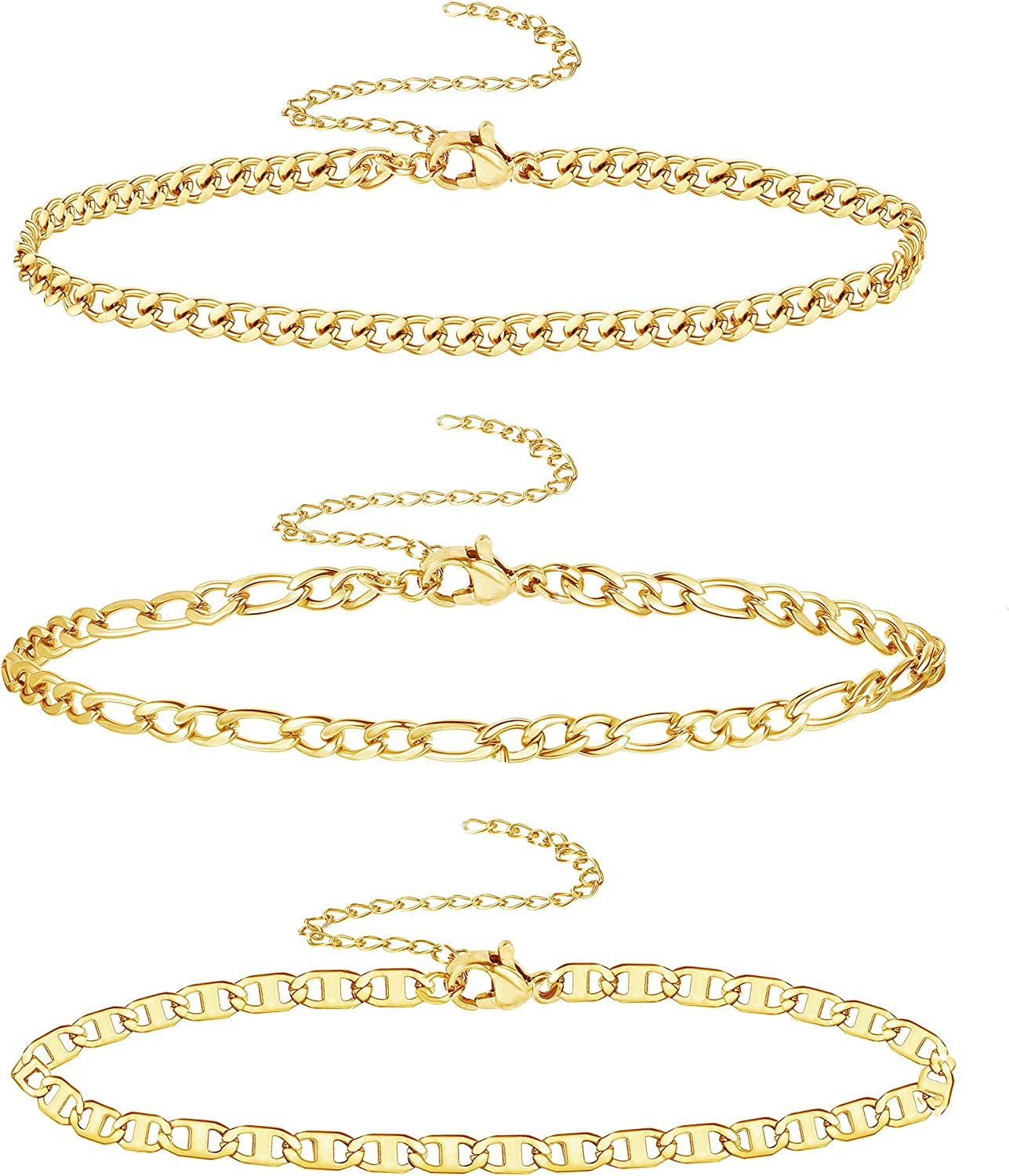 Jstyle 3Pcs Gold Anklet for Women Figaro/Herringbone/Cuban/Paperclip Link Chain Ankle Bracelet Adjustable Beach Foot Jewelry Apparel & Accessories > Jewelry > Anklets Jstyle D