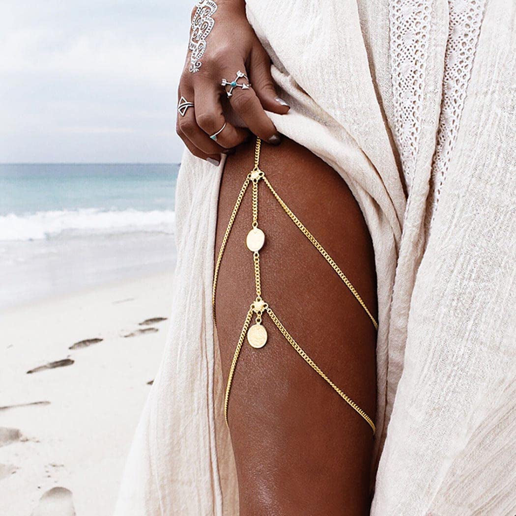 Boho Thigh Chain Sexy Gold Layered Leg Chains Evening Rave Metal Pendant Adjustable Body Accessories Jewelry for Women Apparel & Accessories > Jewelry > Body Jewelry Generic