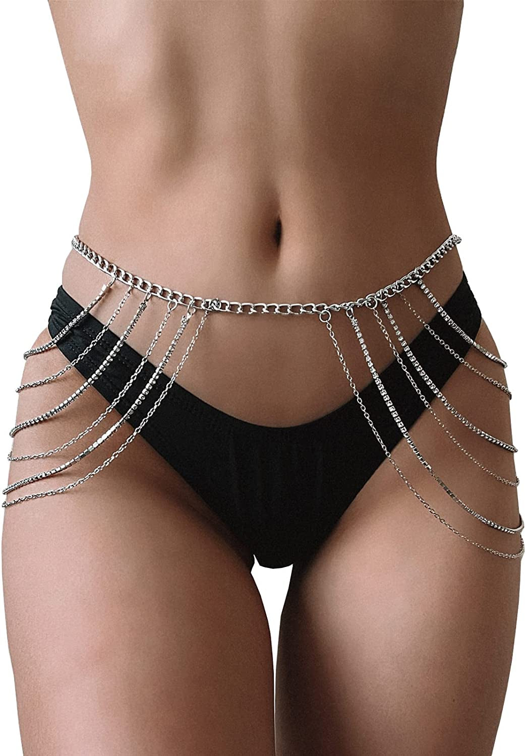 Body Chains Belts for Women Girls Sexy Waist Chain Rhinestone Body Jewelry Rave Outfits Festival Accessories Apparel & Accessories > Jewelry > Body Jewelry FNQUFUJ Silver02