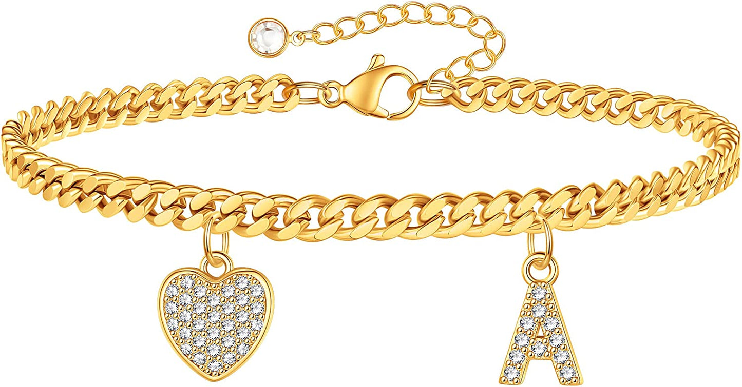 Gold Heart Ankle Bracelets for Women 14K Gold Plated Initial Charm Gold Anklets for Women Cuban Link Chain Heart Anklet Bracelets for Women Apparel & Accessories > Jewelry > Anklets BRIJEWLIC A