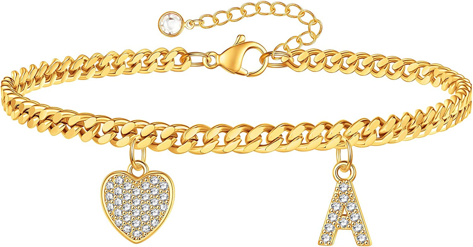Gold Heart Ankle Bracelets for Women 14K Gold Plated Initial Charm Gold Anklets for Women Cuban Link Chain Heart Anklet Bracelets for Women Apparel & Accessories > Jewelry > Anklets BRIJEWLIC A
