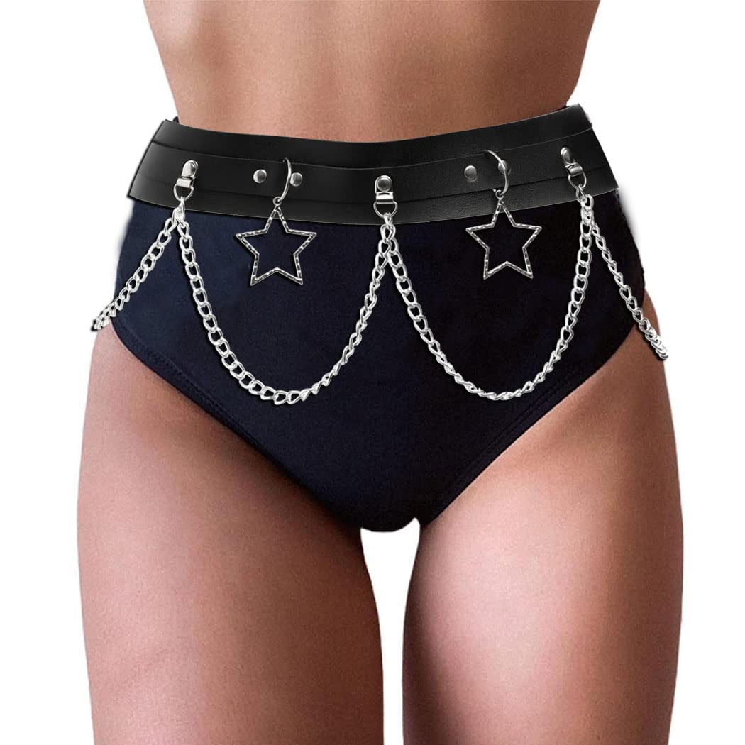 Reetan Punk Body Chains Black Layered Waist Chain Leather Belt Belly Chains Rave Party Body Jewelry Accessories for Women and Girls (1) Apparel & Accessories > Jewelry > Body Jewelry REETAN 8