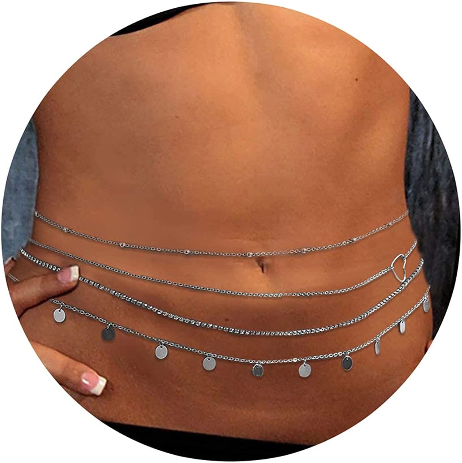 Silver/Gold Layered Waist Chains 26.7''/31.4''Adjustable Belly Chain Jewelry for Women Minimalist Beach Bikini Body Chain Apparel & Accessories > Jewelry > Body Jewelry Otxas silver 26.7''+9.8''