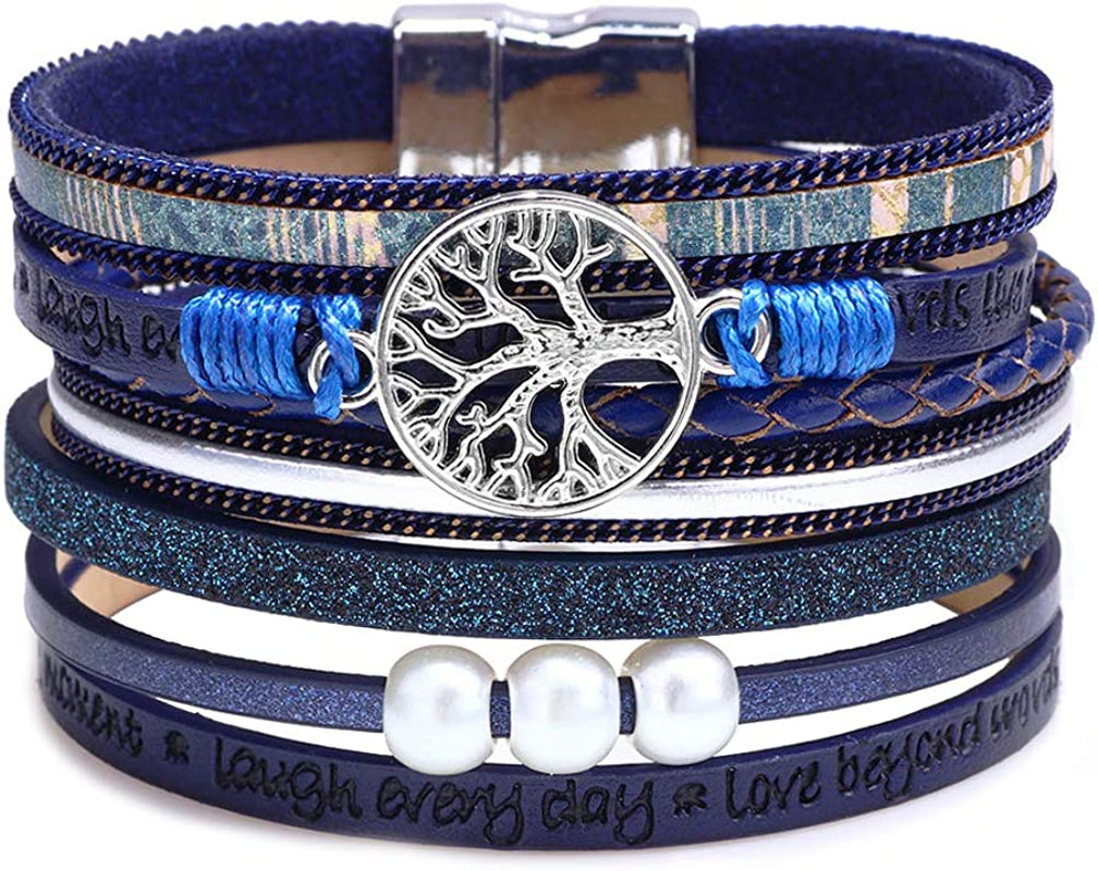 Fesciory Leopard Bracelet for Women Wrap Multi-Layer Leather Bracelet Magnetic Clasp Cuff Bangle Jewelry Apparel & Accessories > Jewelry > Bracelets Fesciory B11-Tree of Life(Blue)