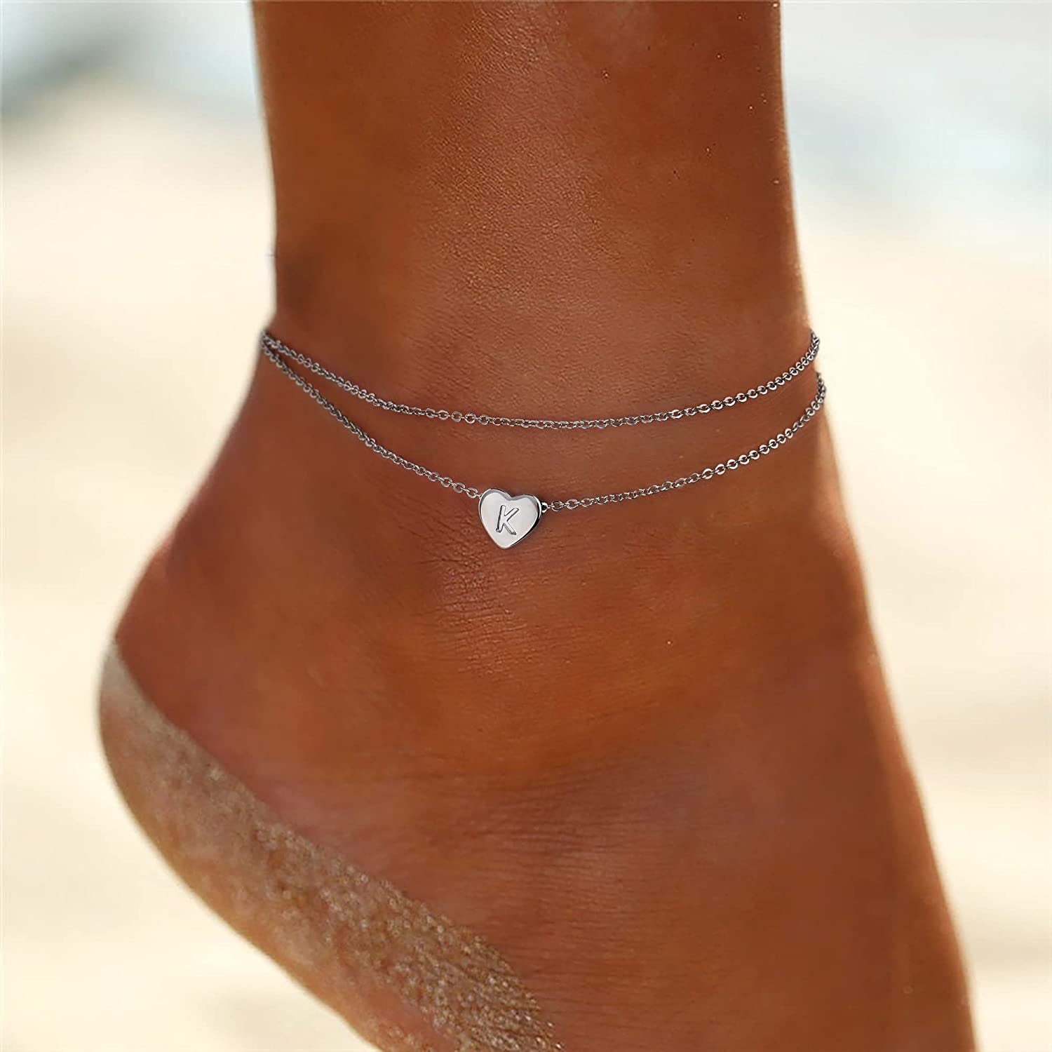 Turandoss Silver Heart Initial Ankle Bracelets for Women, 14K White Gold Filled Handmade Dainty Layered Silver Anklet Letter Initial Heart Ankle Bracelets for Women Silver Summer Foot Beach Jewelry Apparel & Accessories > Jewelry > Anklets Turandoss