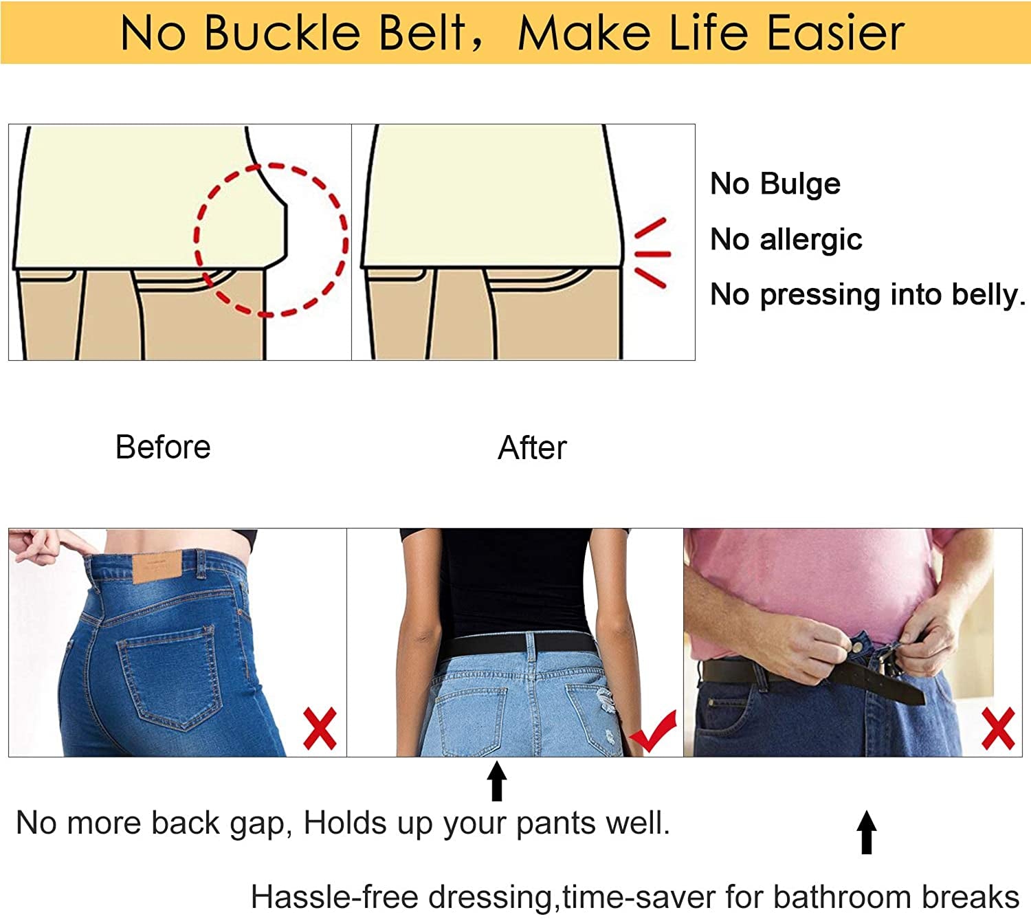 No Buckle Elastic Stretch Belts for Men and Women, Comfortable Invisible Belts for Jeans Pants Apparel & Accessories > Clothing Accessories > Belts SUOSDEY