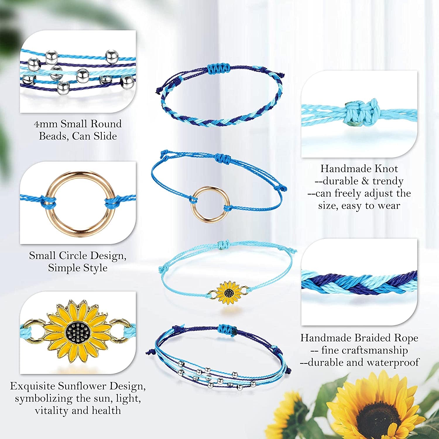 Top Plaza 4 Pcs Summer Surfer Wave Anklet Bracelets for Women Adjustable Strand Braided String Rope Bracelets Sunflower Friendship Bracelets Ocean Beach Jewelry for Women Teen Girls Apparel & Accessories > Jewelry > Anklets Top Plaza