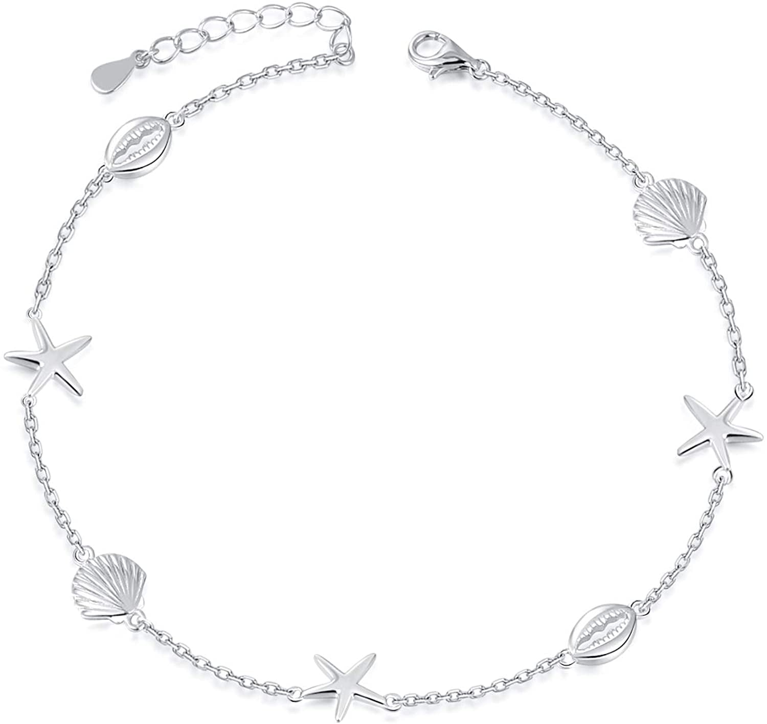 BEILIN 925 Sterling Silver Seabeach Anklets for Women Teen Girls Ocean Ankle Bracelets for Women Apparel & Accessories > Jewelry > Anklets BEILIN Starfish conch 8.6+2