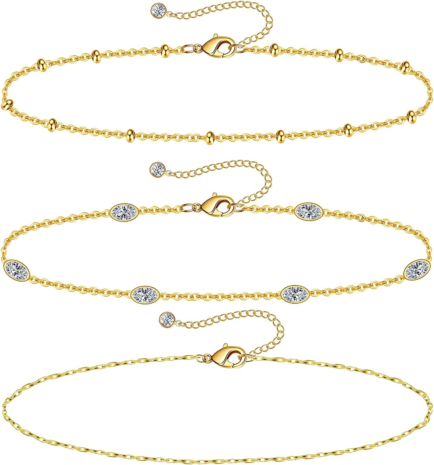 Gold Ankle Bracelets for Women 14K Gold Plated Anklet Silver Rose Gold Evil Eye Tennis Crystal Cubic Zirconia Faux Diamond Rhinestone Anklet Dainty Layered Anklet Set 3Pcs Apparel & Accessories > Jewelry > Anklets Vermeyen G-Yellow Gold-CZ