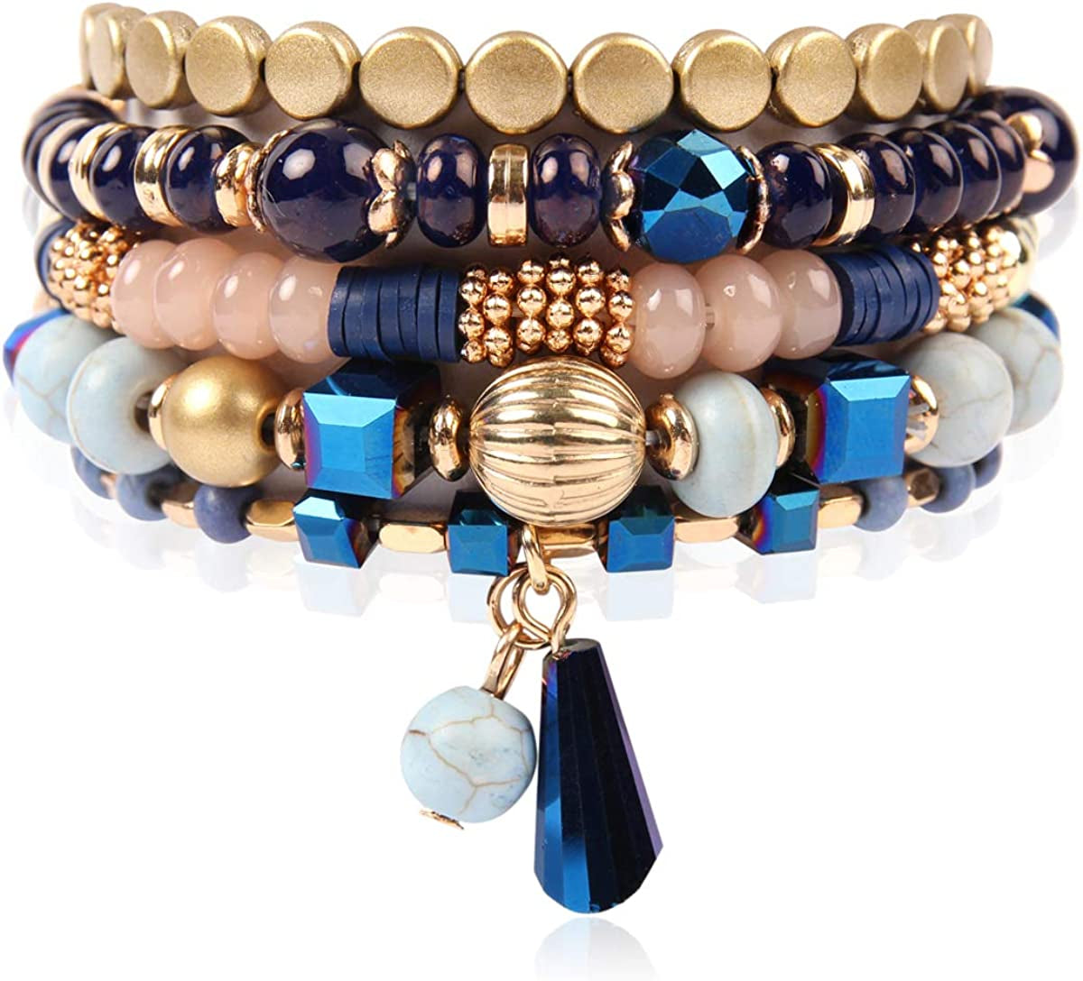 Bohemian Mix Bead Multi Layer Versatile Statement Bracelets - Stackable Beaded Strand Stretch Bangles Sparkly Crystal, Tassel Charm Apparel & Accessories > Jewelry > Bracelets RIAH FASHION Navy