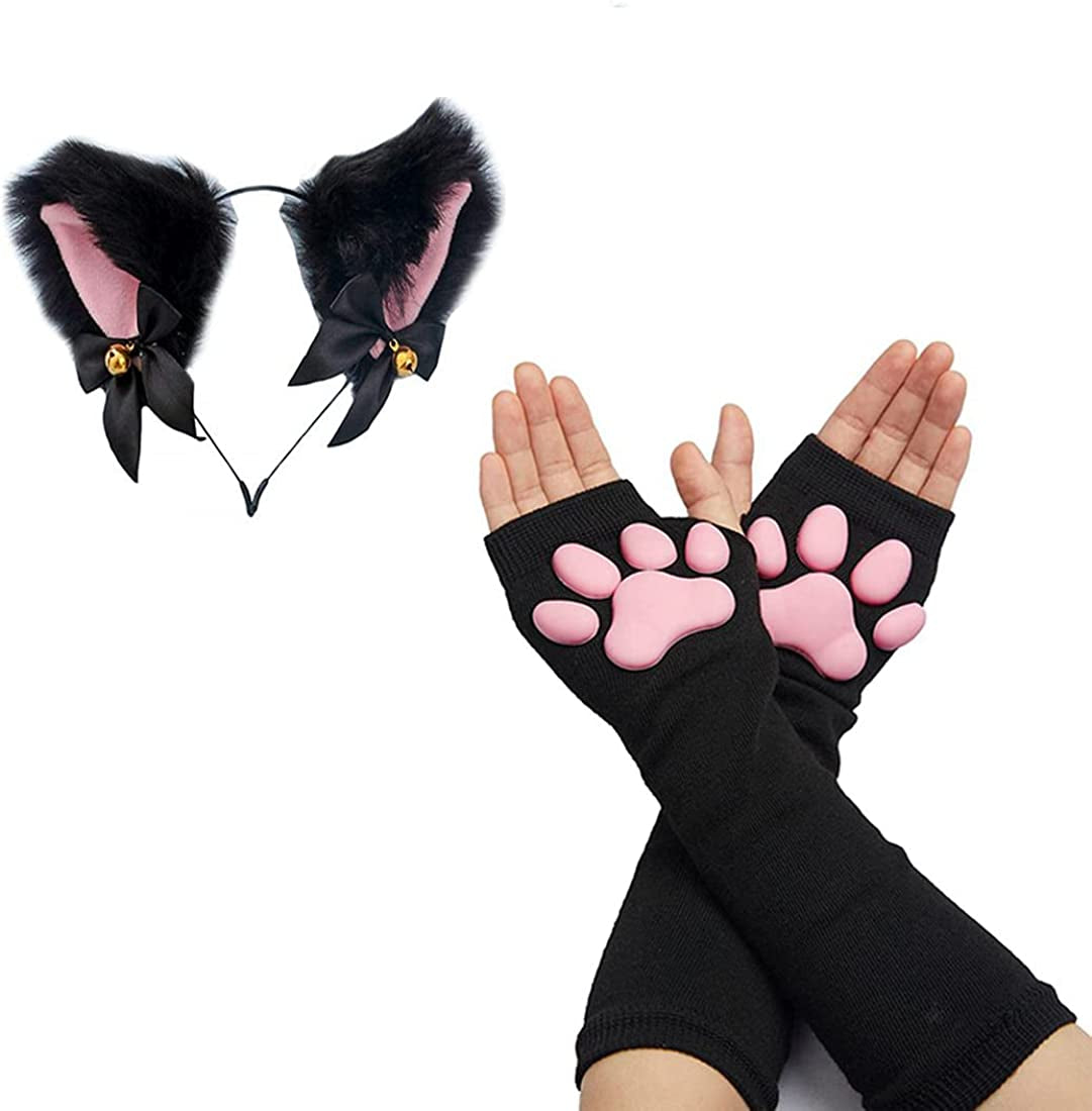 Cute Cat Paw Mittens Gloves, Kawaii Cat Cosplay Kawaii Soft 3D Toes Beans Fingerless Cat Claw Paws Pad Sleeve Apparel & Accessories > Clothing Accessories > Gloves & Mittens HOMEGYMFREE Black Long+ears