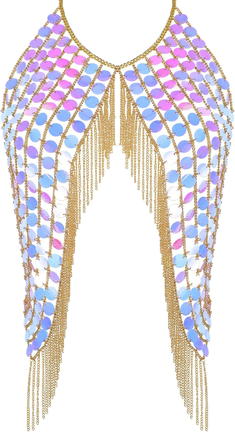 DOTASI Women'S Sexy Halter Backless Tank Top Bra Body Chain Necklace Tassels Party Apparel & Accessories > Jewelry > Body Jewelry DOTASI Colorful