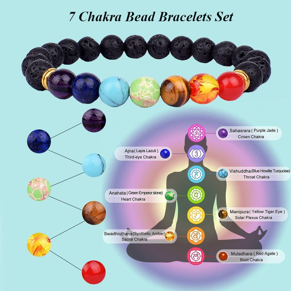 Svovin 1-14 Pcs Lava Rock 7 Chakra Energy Oil Diffuser Bracelet Set for Women Men Unisex Elastic 8Mm Stone Yoga Beaded Bracelets Jewelry with Lucky Healing Apparel & Accessories > Jewelry > Bracelets Svovin