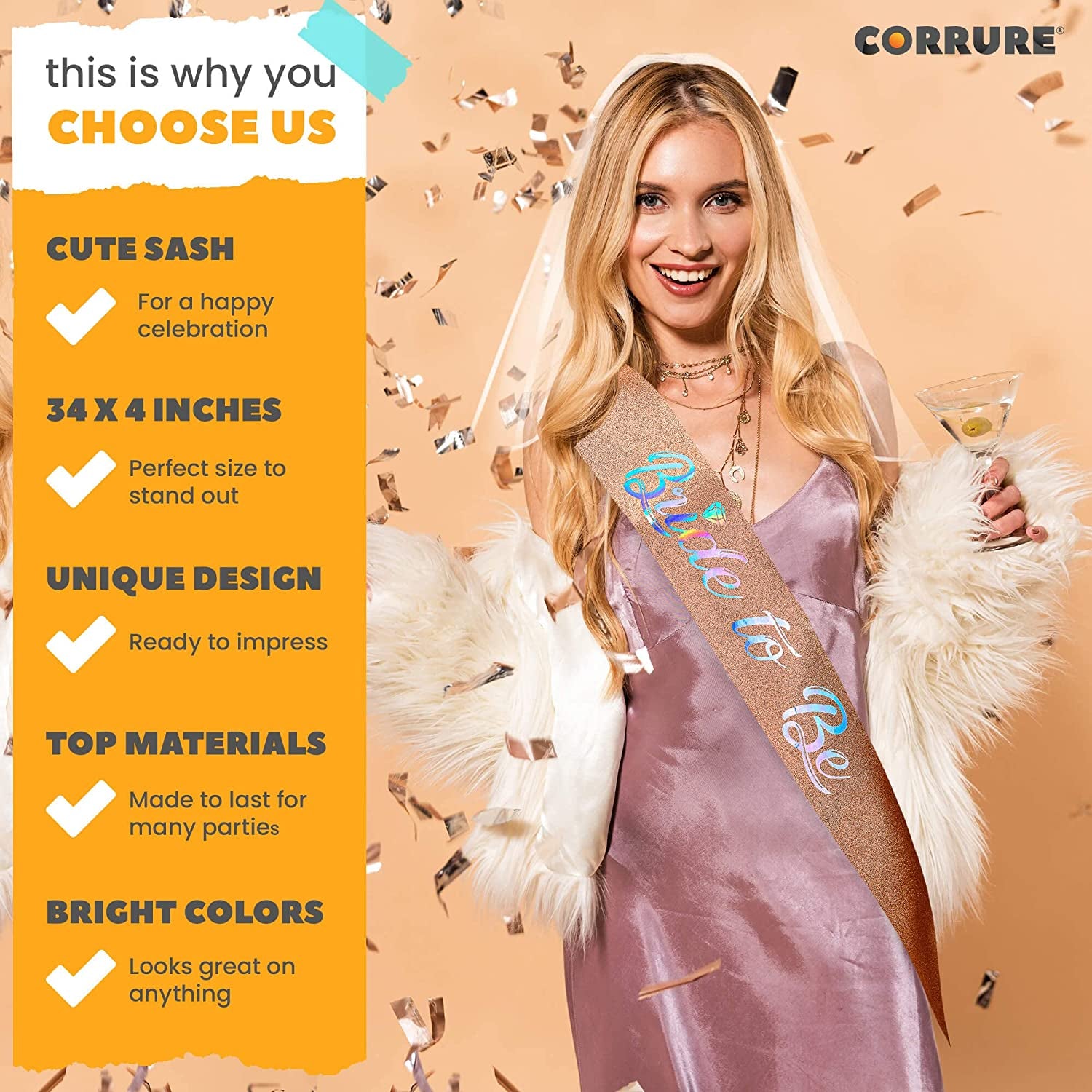 CORRURE 'Bride to Be' Sash for Bachelorette Party - Bridal Shower Rose Gold Glitter Sash with Multicolor Foil Lettering - Hen Party Decorations Supplies Accessories, Wedding Engagement Party Favors Apparel & Accessories > Clothing Accessories > Sashes CORRURE