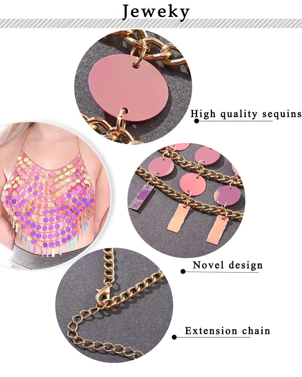 Jeweky Boho Sequins Bra Chain Pink Nightclub Rave Body Chains Sexy Beach Bikini Body Accessories Jewelry for Women and Girls Apparel & Accessories > Jewelry > Body Jewelry Artist Unknown