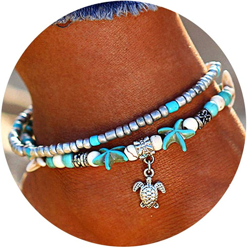 Softones Blue Starfish Turtle Anklet Multilayer Charm Beads Sea Handmade Boho Anklet Foot Jewelry for Women Girl Apparel & Accessories > Jewelry > Anklets Softones