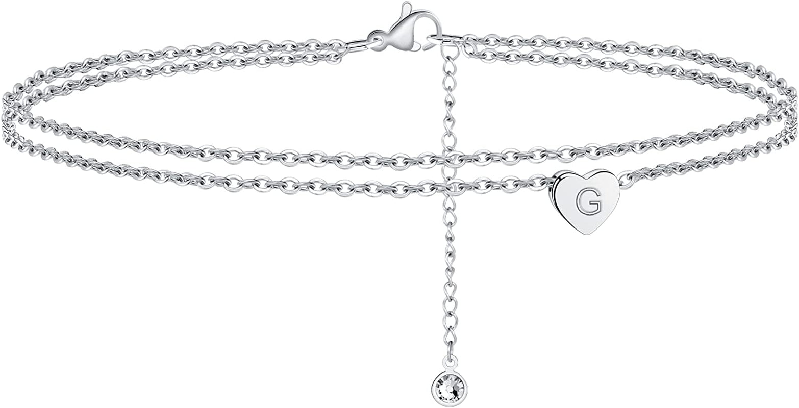 Turandoss Silver Heart Initial Ankle Bracelets for Women, 14K White Gold Filled Handmade Dainty Layered Silver Anklet Letter Initial Heart Ankle Bracelets for Women Silver Summer Foot Beach Jewelry Apparel & Accessories > Jewelry > Anklets Turandoss G