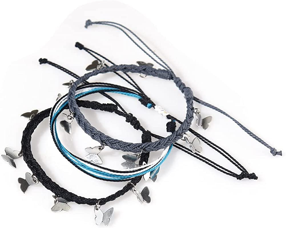 Caiyao 4 Pcs Summer Surfer Wave Anklet Bracelets Adjustable Strand Braided String Rope Bracelets Waterproof Handmade Sunflower Bracelets Anklets Jewelry for Women Teen Girls Apparel & Accessories > Jewelry > Anklets InShine butterfly black