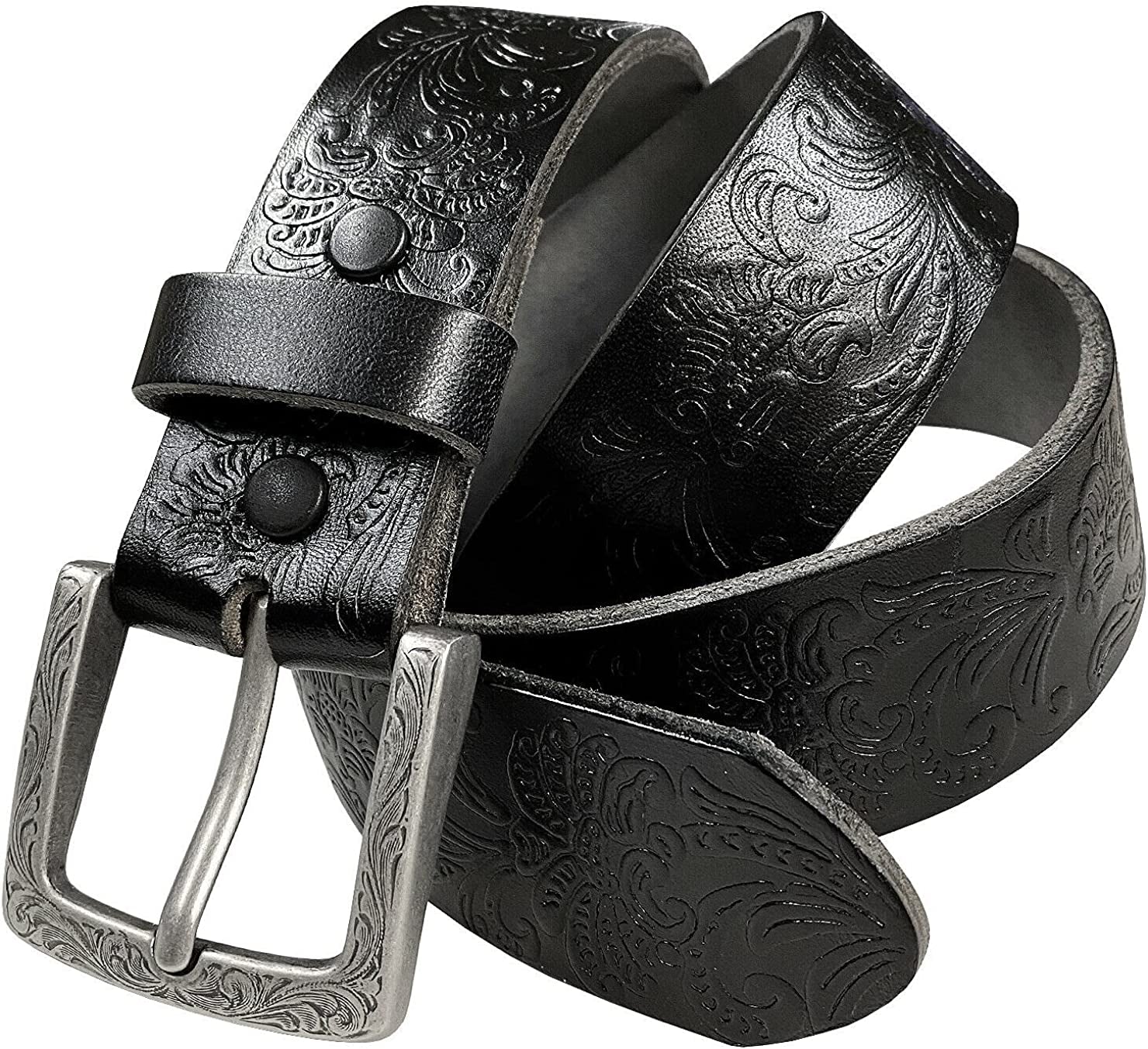 Cowboy Cowgirl Western Tooled Floral Embossed Full Grain Genuine Leather Belt Strap 1-1/2"(38Mm) Wide Apparel & Accessories > Clothing Accessories > Belts Belts.com Type C - Black 32