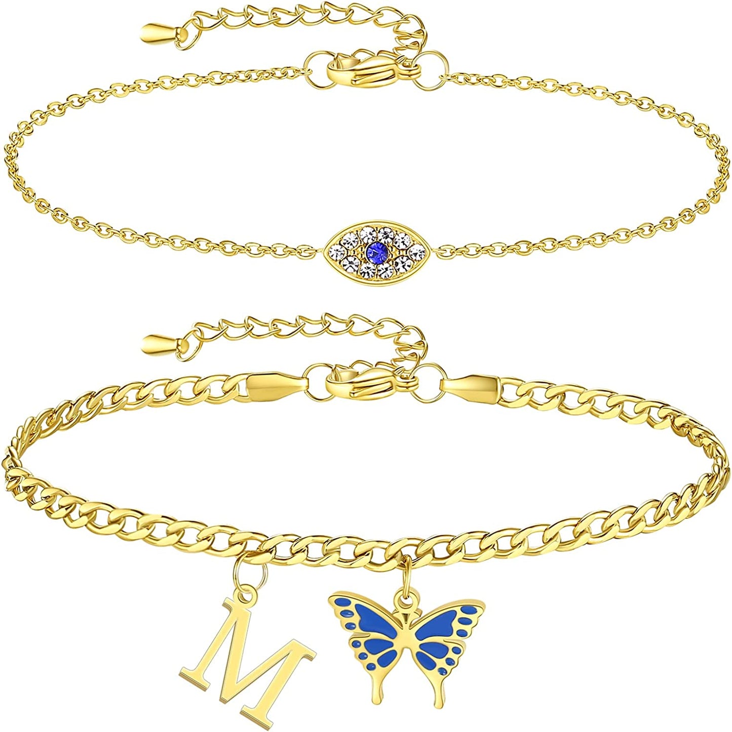 SAM & LORI 2 Pcs Anklets Set 18K Gold Plated Dainty Layered Personalized Initial Anklets Bracelets - Blue Butterfly - Sparkling CZ Evil Eye - Adjustable Summer Jewelry for Women Teen Girls Apparel & Accessories > Jewelry > Anklets SAM & LORI "Butterfly Evil Eye - M