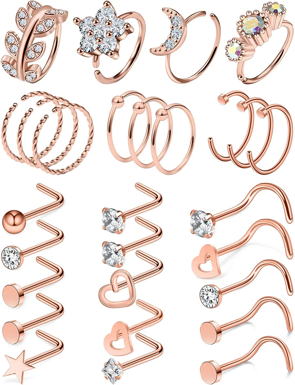 Kridzisw 18G 20G Nose Rings Hoop Stainless Steel L-Shaped Nose Rings Studs Screw Clear Clicker Retainer Tragus Cartilage Helix Earrings Piercing Hoop 27-36Pcs Apparel & Accessories > Jewelry > Body Jewelry Kridzisw 18G(1.0MM)-Rose Gold