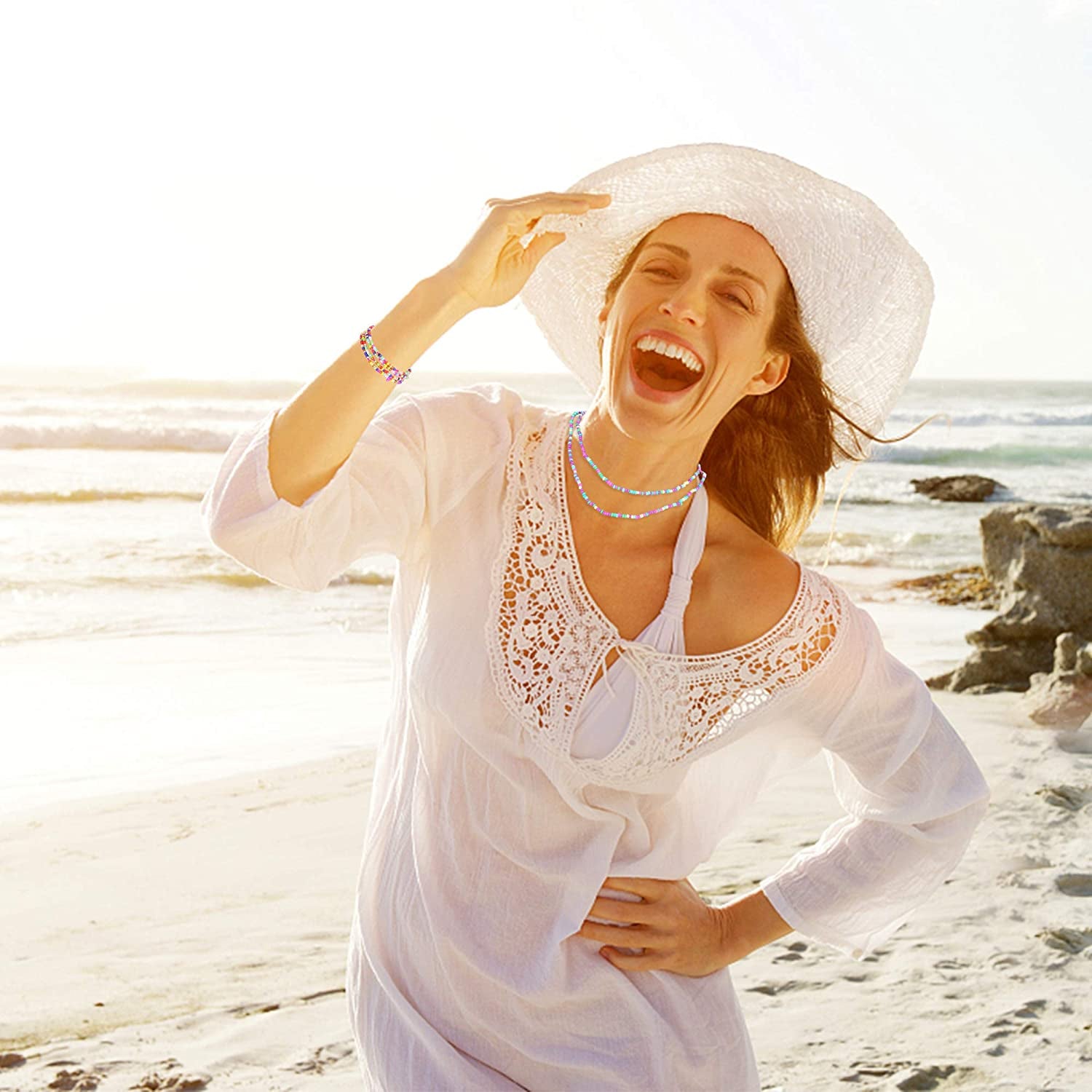 FIBO STEEL 24 Pcs Belly Waist Necklace Chain Summer Jewelry Bikini Body Chain for Women African Waist Bead Set Stretchy Elastic String Multi-Color Sexy Bracelet Anklet Apparel & Accessories > Jewelry > Body Jewelry FIBO STEEL