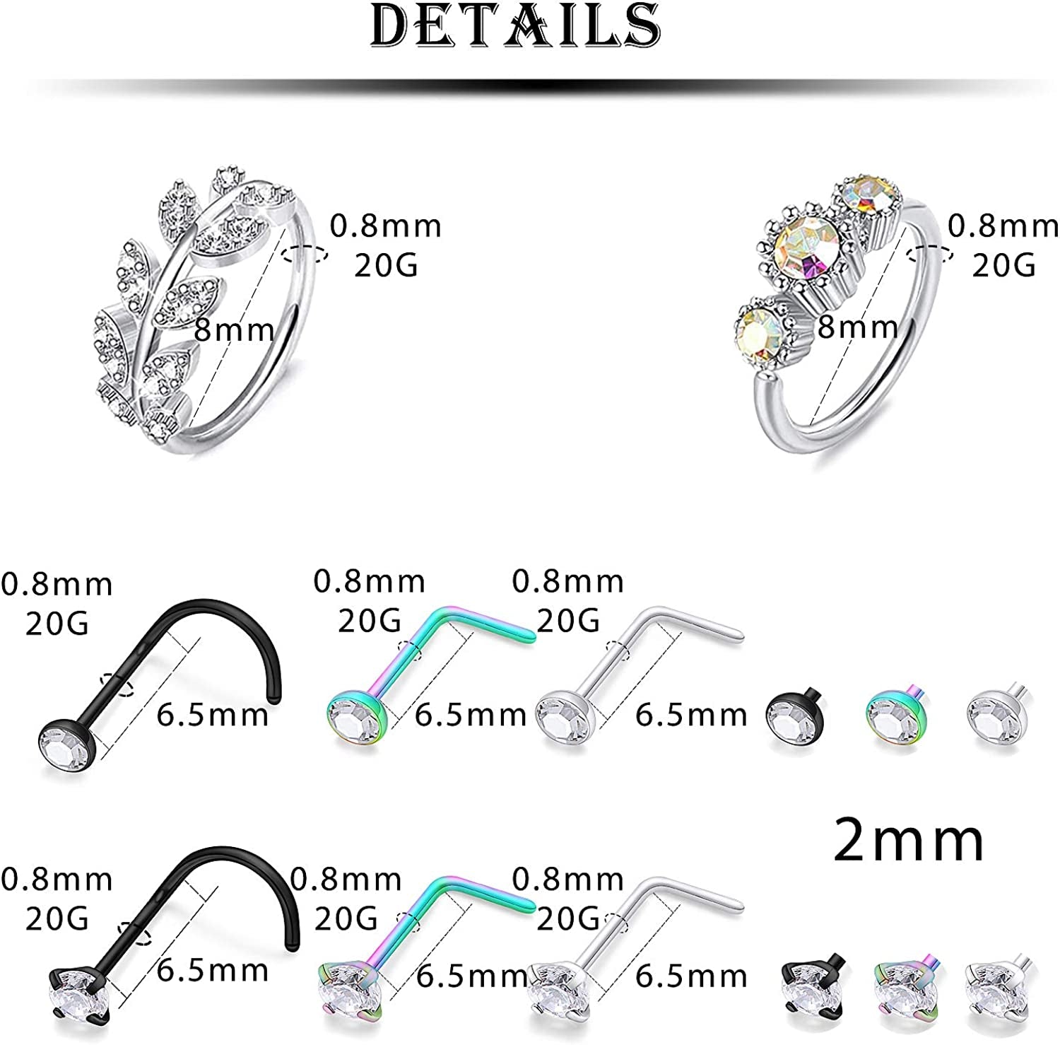 Kridzisw 18G 20G Nose Rings Hoop Stainless Steel L-Shaped Nose Rings Studs Screw Clear Clicker Retainer Tragus Cartilage Helix Earrings Piercing Hoop 27-36Pcs Apparel & Accessories > Jewelry > Body Jewelry Kridzisw