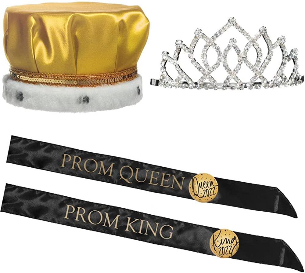 Prom Royalty Set - Rhinestone Tiara, Crown, Sashes, Buttons Apparel & Accessories > Clothing Accessories > Sashes Anderson's Armande Tiara/Gold Crown/Black Sashes/Gold Buttons