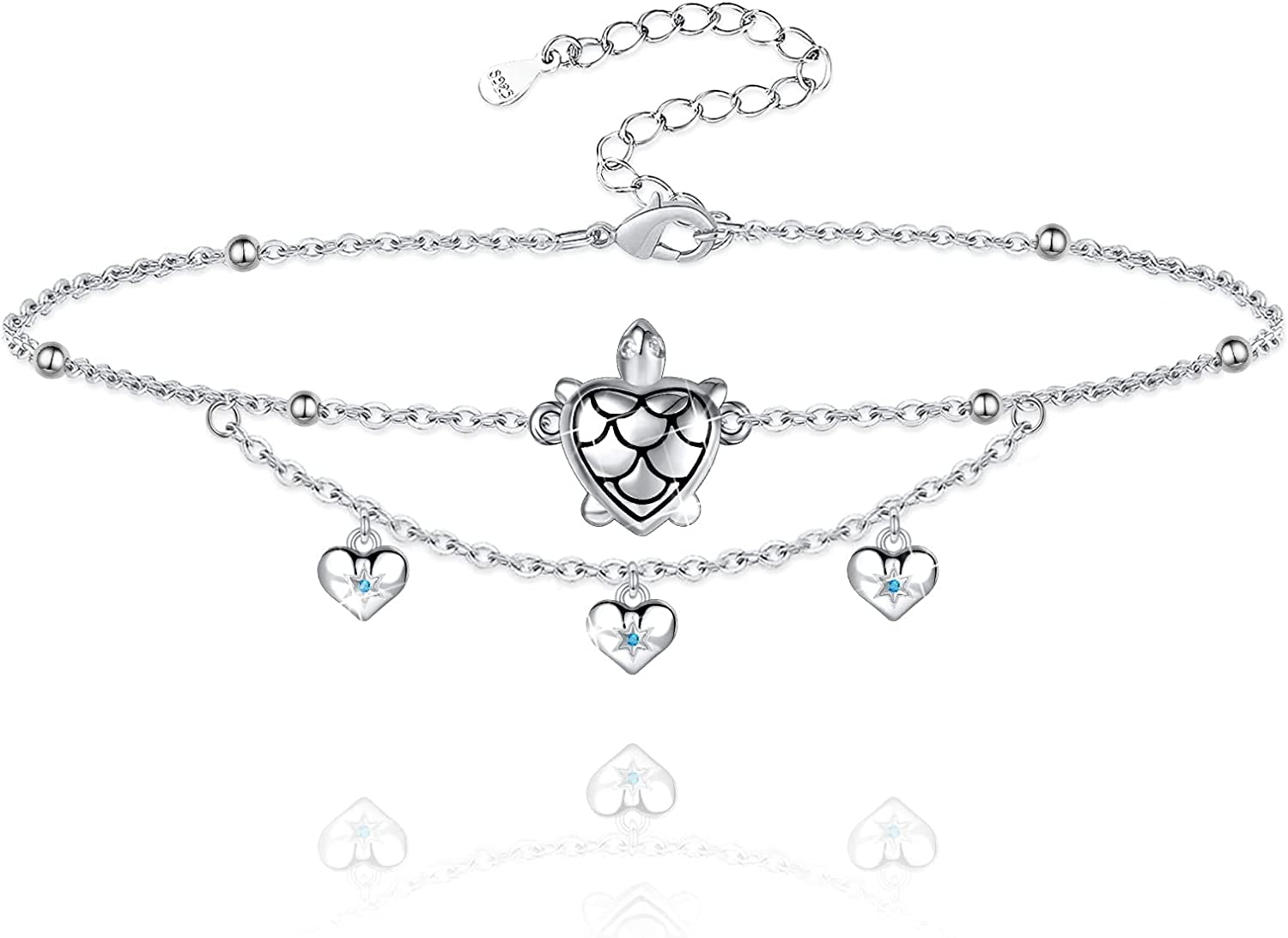 Sianilvera S925 Sterling Silver Foot Charm Jewelry Adjustable Anklet Link Bracelet Gift Double Layered Ocean Animal Anklets for Women Girls Apparel & Accessories > Jewelry > Anklets Sianilvera Sea Turtle with Heart