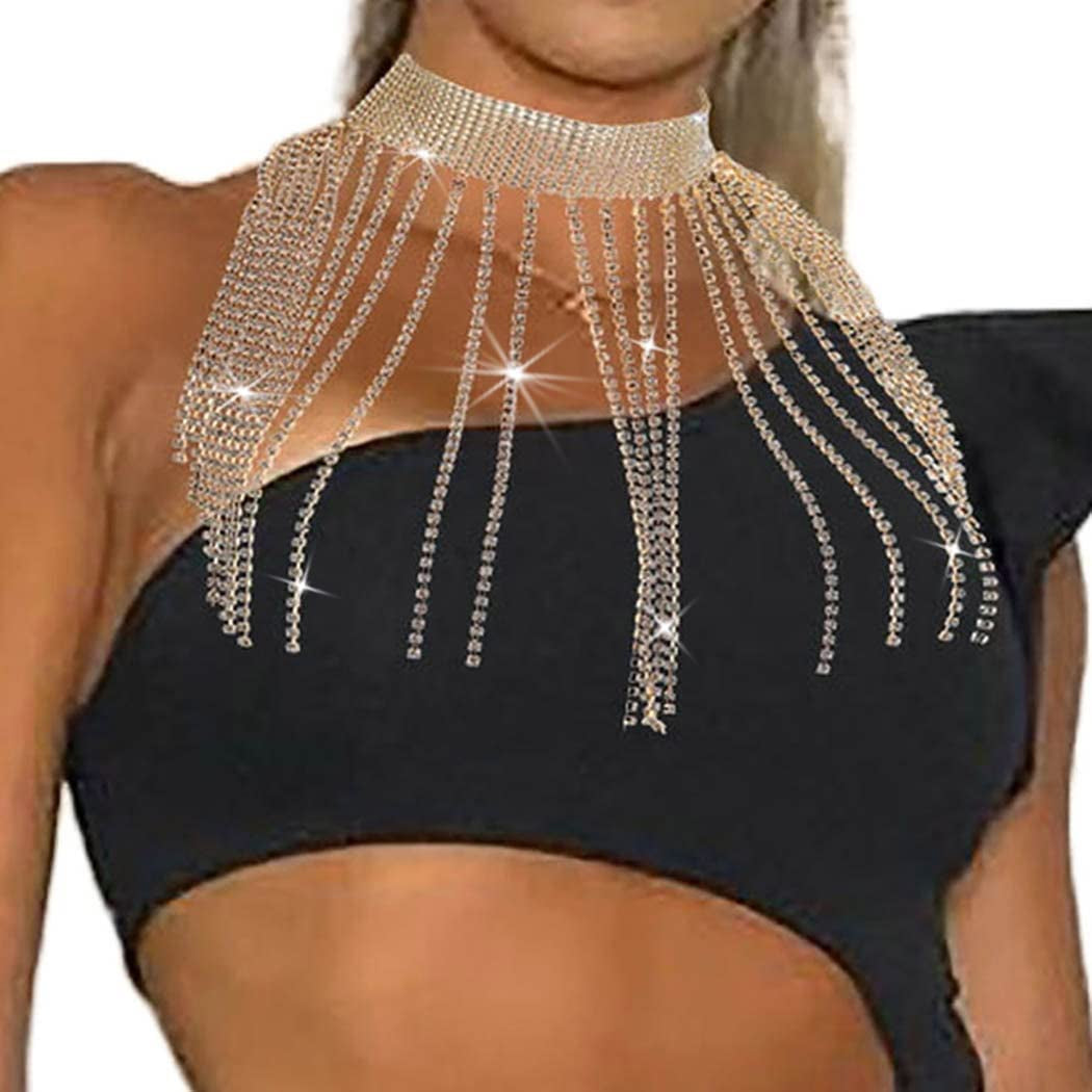 Rhinestone Tassel Choker Sexy Gold Wide Necklace Chain Shiny Evening Nightclub Adjustable Body Accessories Jewelry for Women Apparel & Accessories > Jewelry > Body Jewelry KYLIE MAX