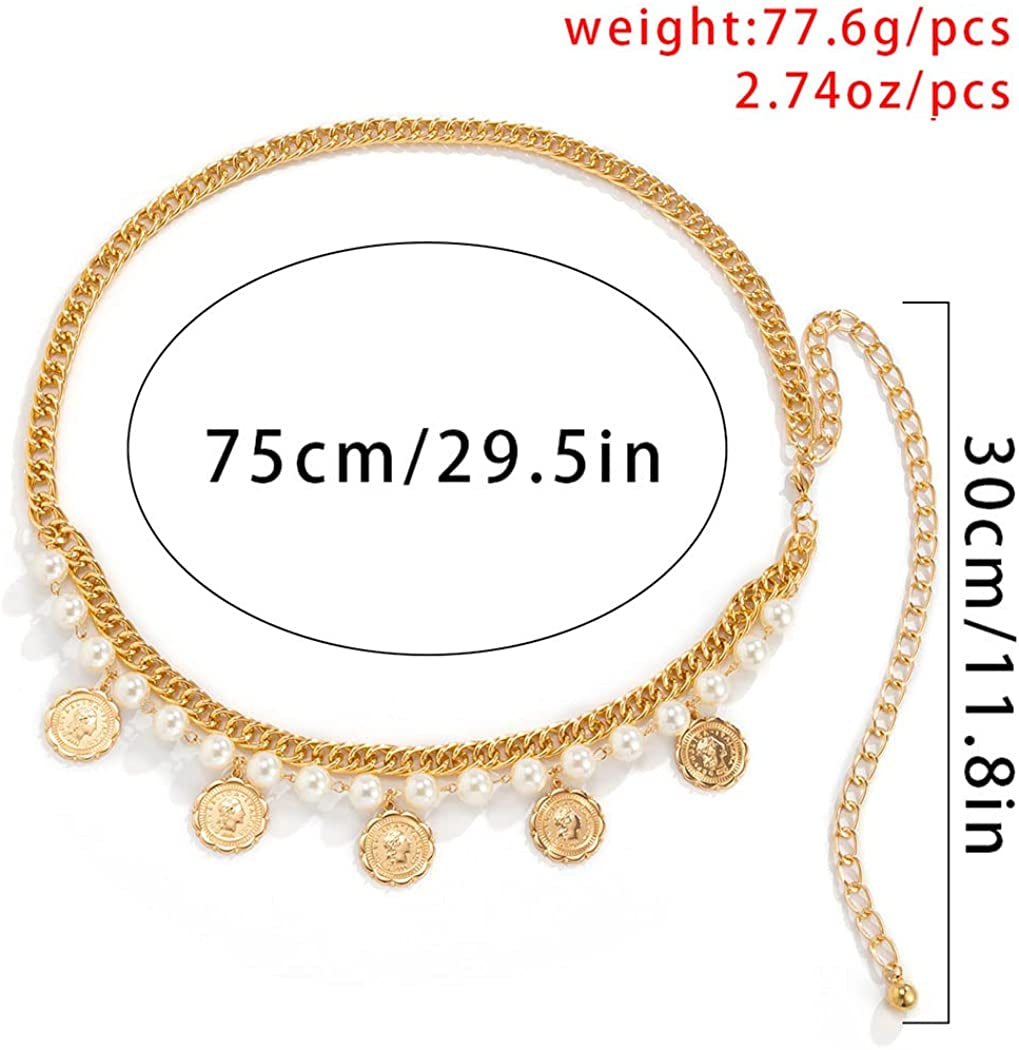 Pearl Tassel Belly Chain Retro Gold Coin Adjustable Chunky Body Chains Layered Nightclub Waist Chain Jewelry for Women & Girls, One Size Apparel & Accessories > Jewelry > Body Jewelry Generic