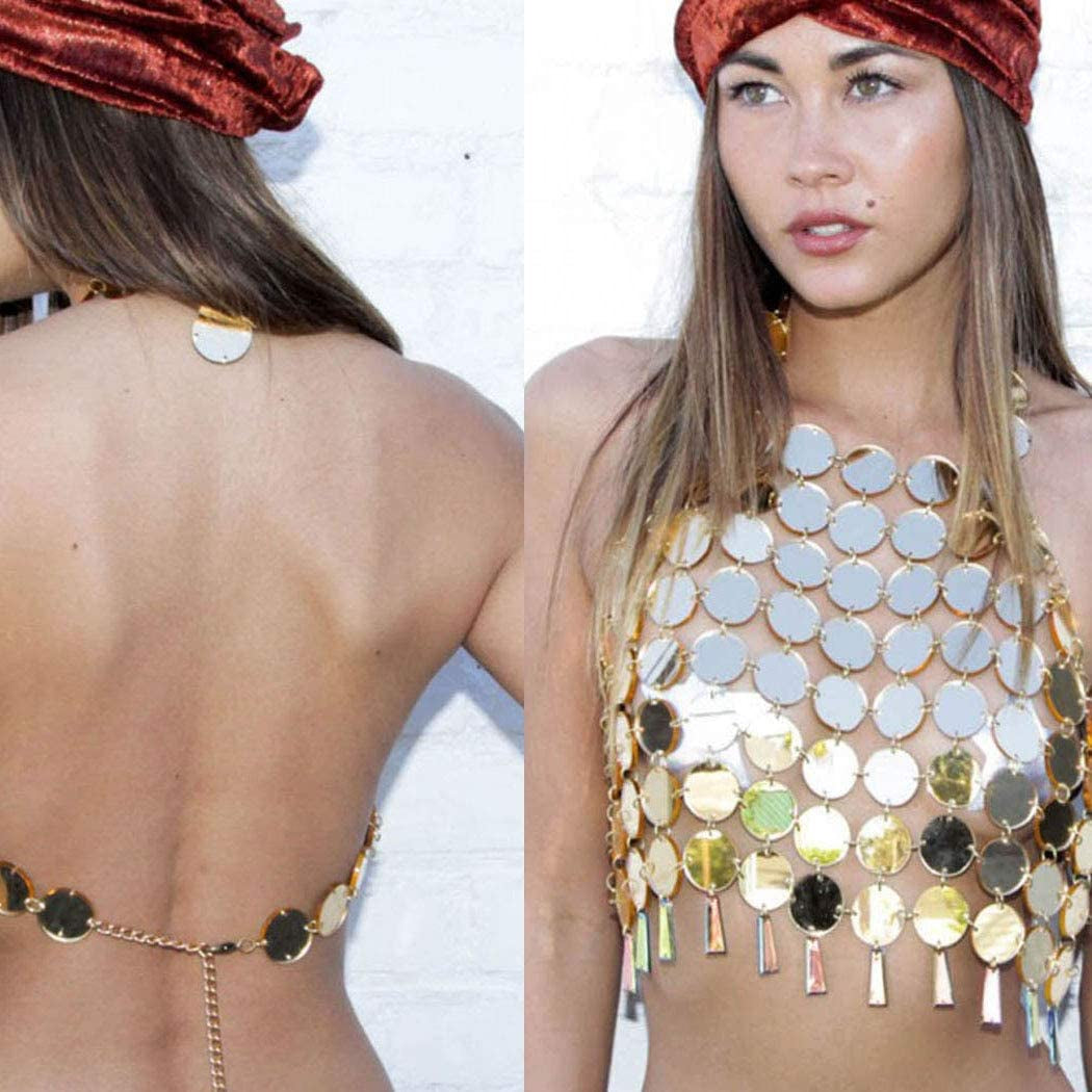 Jeweky Boho Sequins Bra Chain Gold Crop Top Body Chains Backless Beach Nightclub Rave Body Accessories Jewelry for Women and Girls Apparel & Accessories > Jewelry > Body Jewelry Artist Unknown