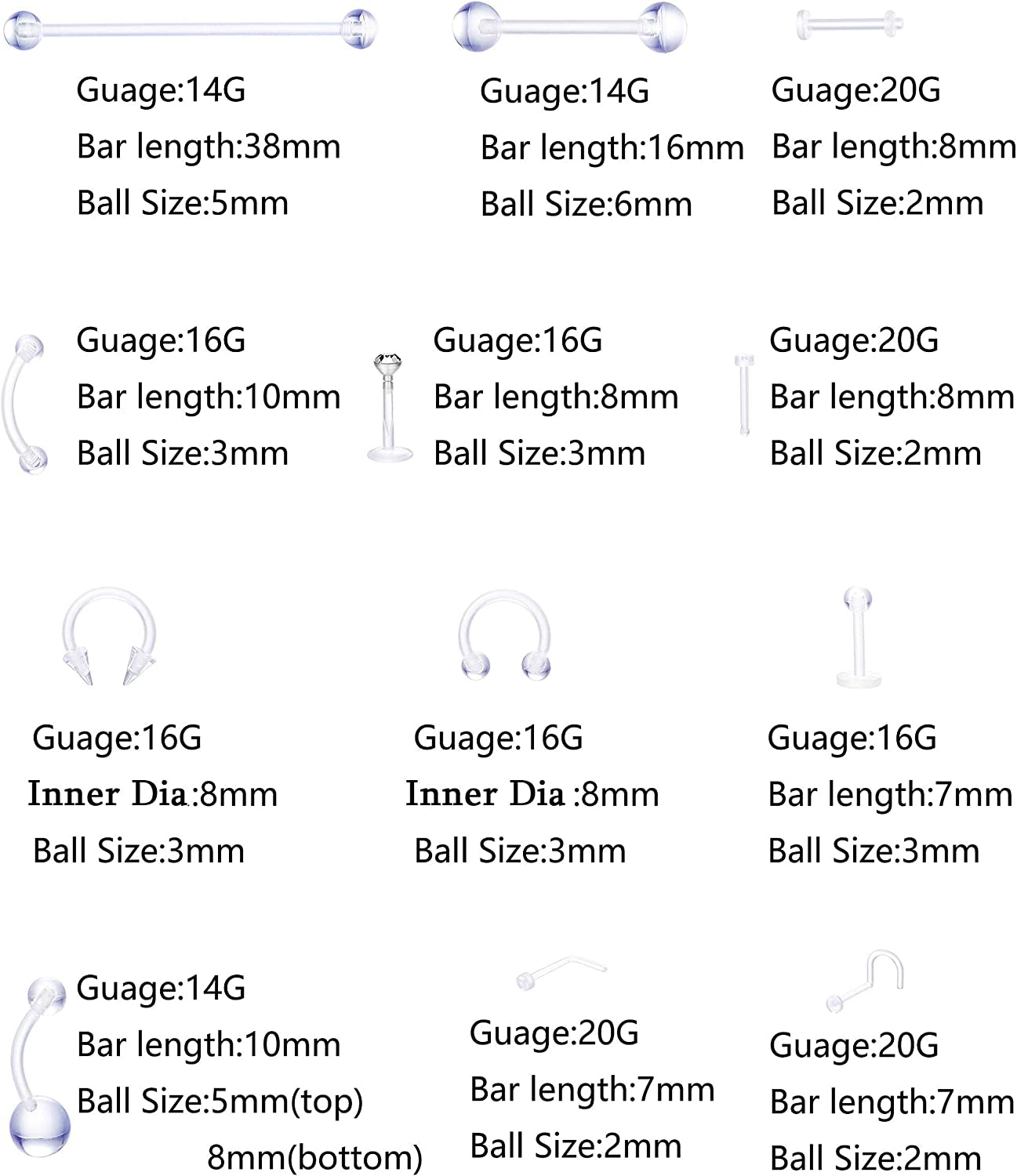 Jstyle 72Pcs 14G-20G Acrylic Body Piercing Lot Nose Ring Horseshoe Lip Tongue Eyebrow Tragus Body Piercing Navel Rings Barbells Apparel & Accessories > Jewelry > Rings Jstyle