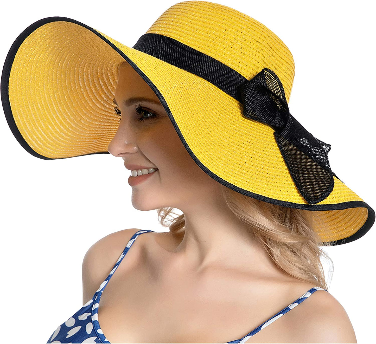 Muryobao Womens Sun Straw Hat Wide Brim UV UPF 50 Summer Hat Foldable Roll up Floppy Beach Cap for Women Apparel & Accessories > Clothing Accessories > Hats Muryobao Yellow