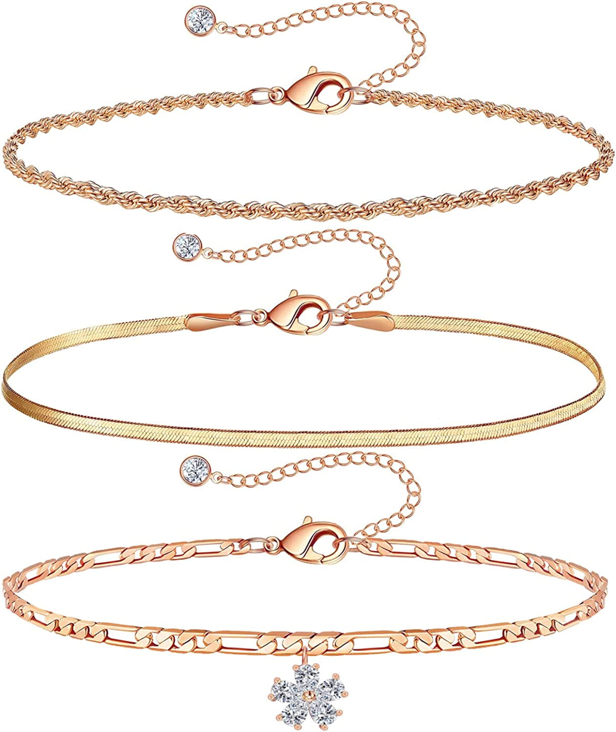 Gold Ankle Bracelets for Women 14K Gold Plated Anklet Silver Rose Gold Evil Eye Tennis Crystal Cubic Zirconia Faux Diamond Rhinestone Anklet Dainty Layered Anklet Set 3Pcs Apparel & Accessories > Jewelry > Anklets Vermeyen ZB-Rose Gold Figaro Chain