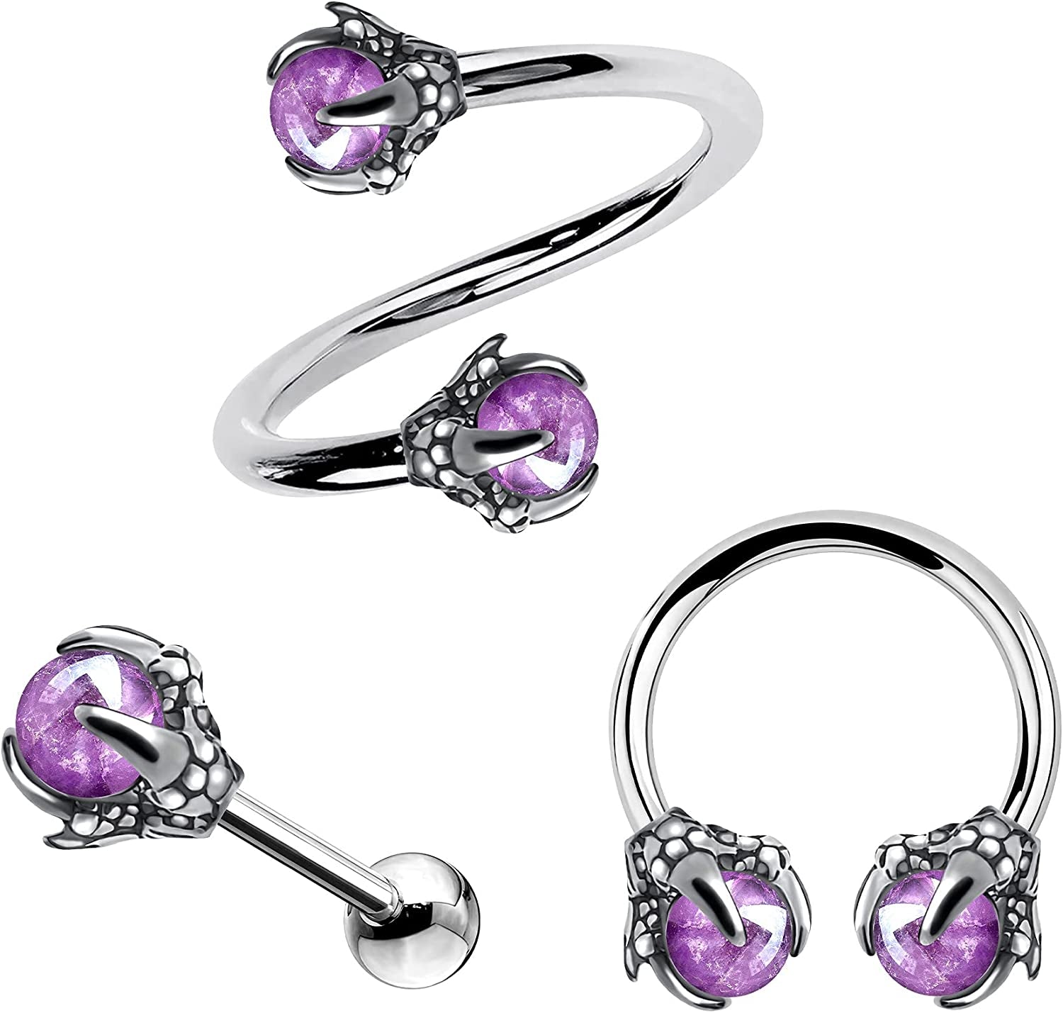 OUFER 3PCS Cartilage Earrings, 316L Surgical Steel Mixed Earrings with Dragon Claw Twist Helix Earring Ear Body Piercing Jewelry Tragus Earring Apparel & Accessories > Jewelry > Earrings OUFER Steel with Amethyst Stone